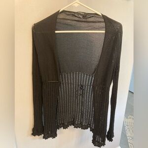 Y2K Express Fitted Tie Front Black Cardigan Sweater Women’s M Ribbed Rayon blend